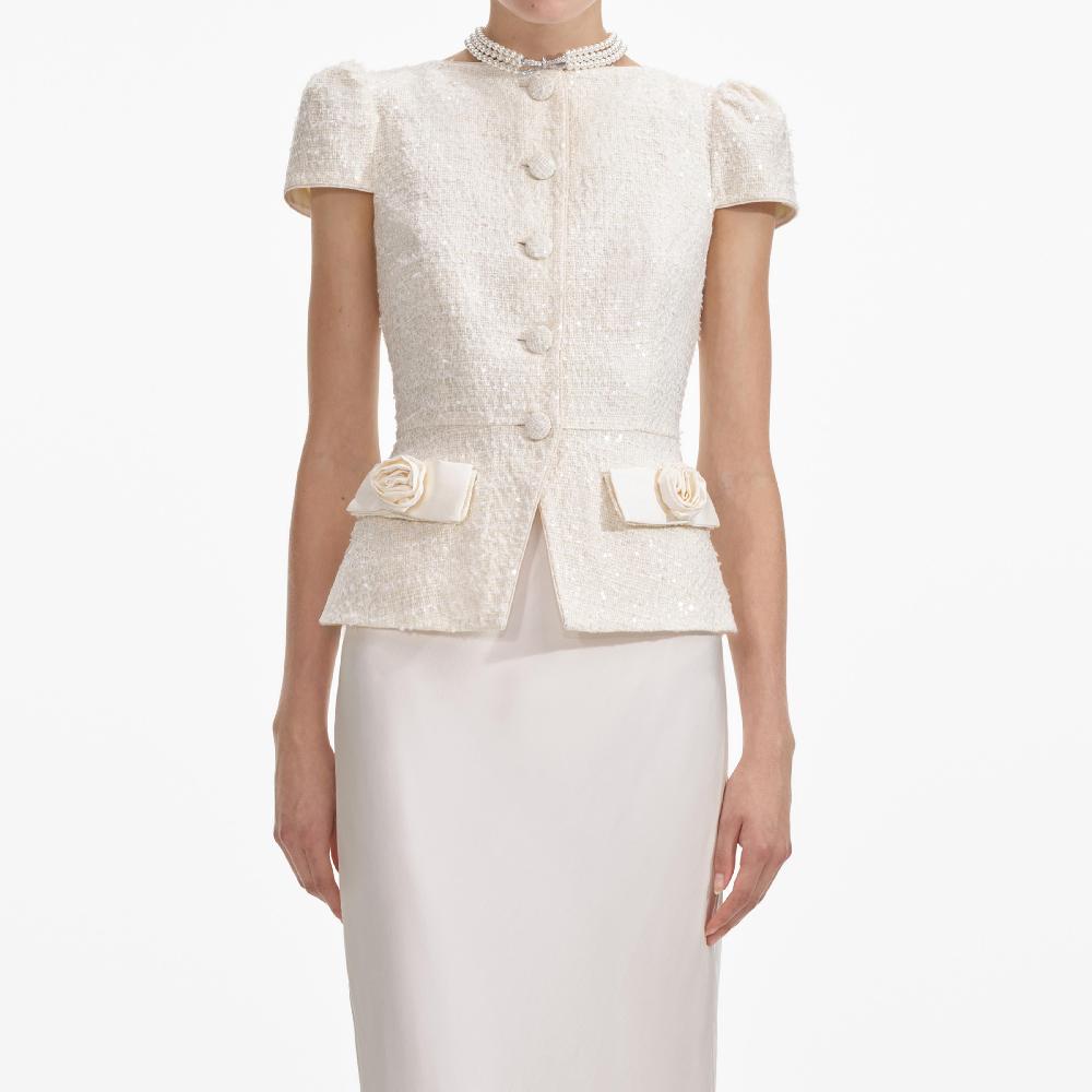 Self Portrait Cream Boucle Bow Detail Maxi Dress CLOTHING