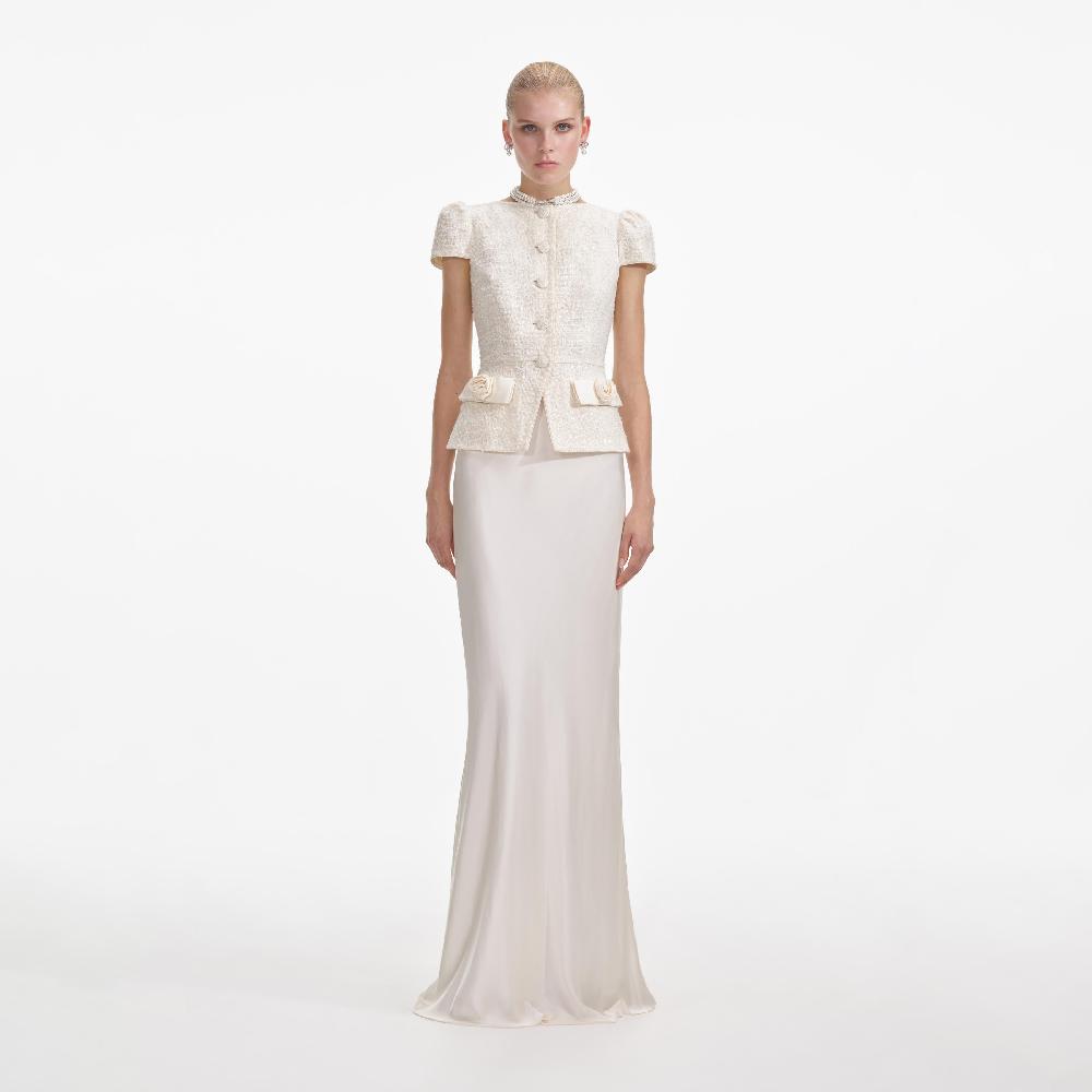 self portrait Cream Boucle Bow Detail Maxi Dress CLOTHING