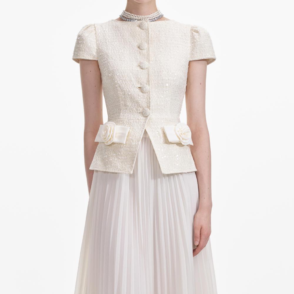 Self Portrait Cream Boucle Bow Detail Midi Dress CLOTHING