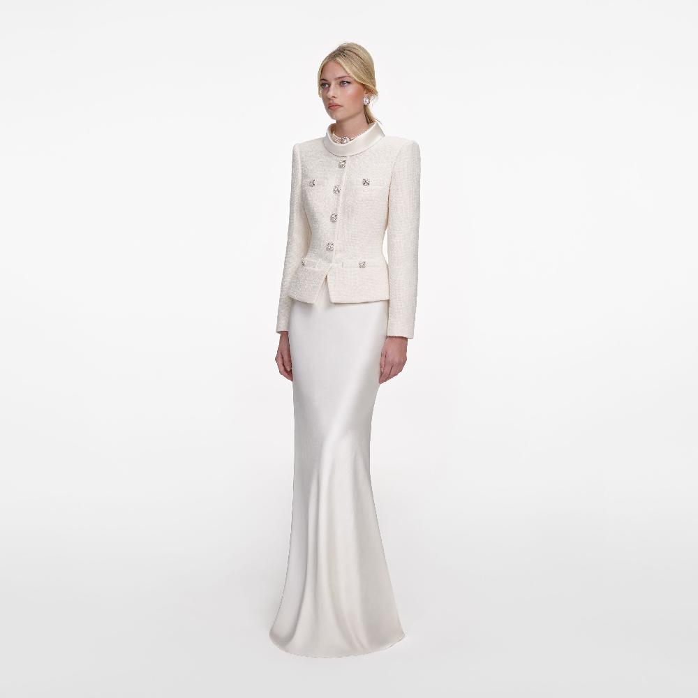 Self Portrait Cream Boucle Collared Maxi Dress CLOTHING