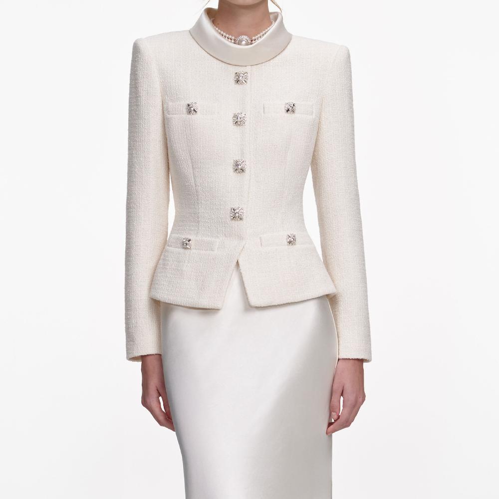 Self Portrait Cream Boucle Collared Maxi Dress CLOTHING