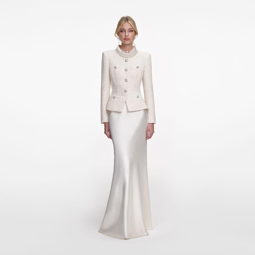 self portrait Cream Boucle Collared Maxi Dress CLOTHING