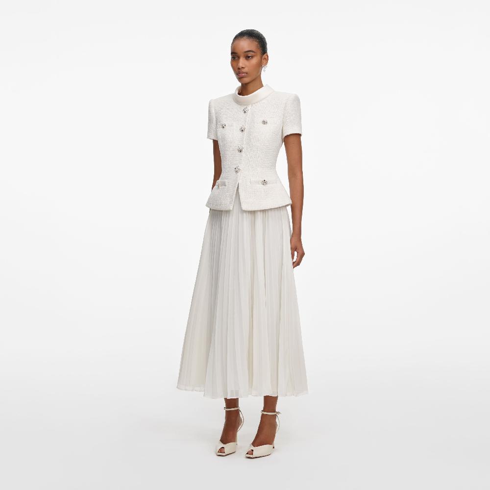 Self Portrait Cream Boucle Collared Midi Dress CLOTHING