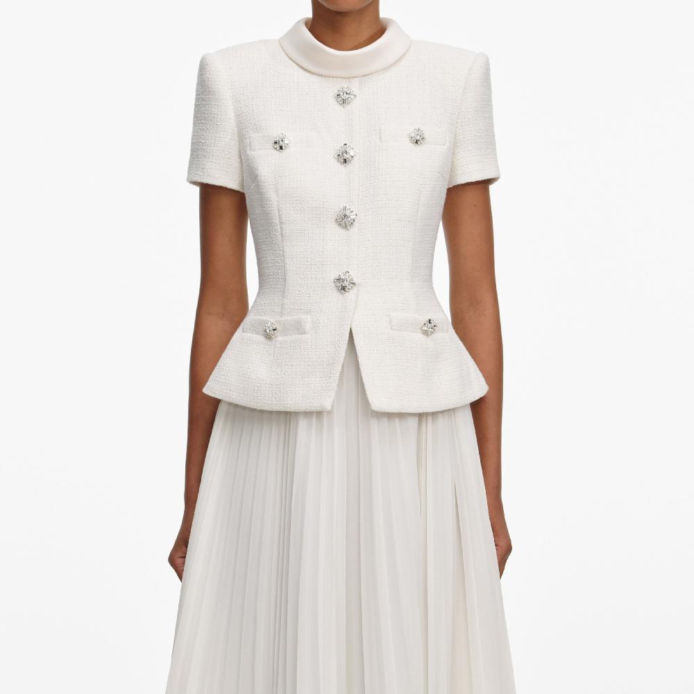 Self Portrait Cream Boucle Collared Midi Dress CLOTHING