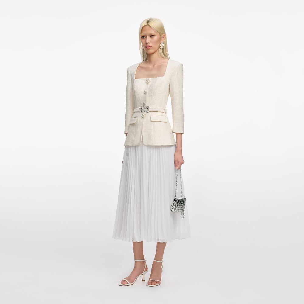 Self Portrait Cream Boucle Long Sleeve Chiffon Midi Dress CLOTHING