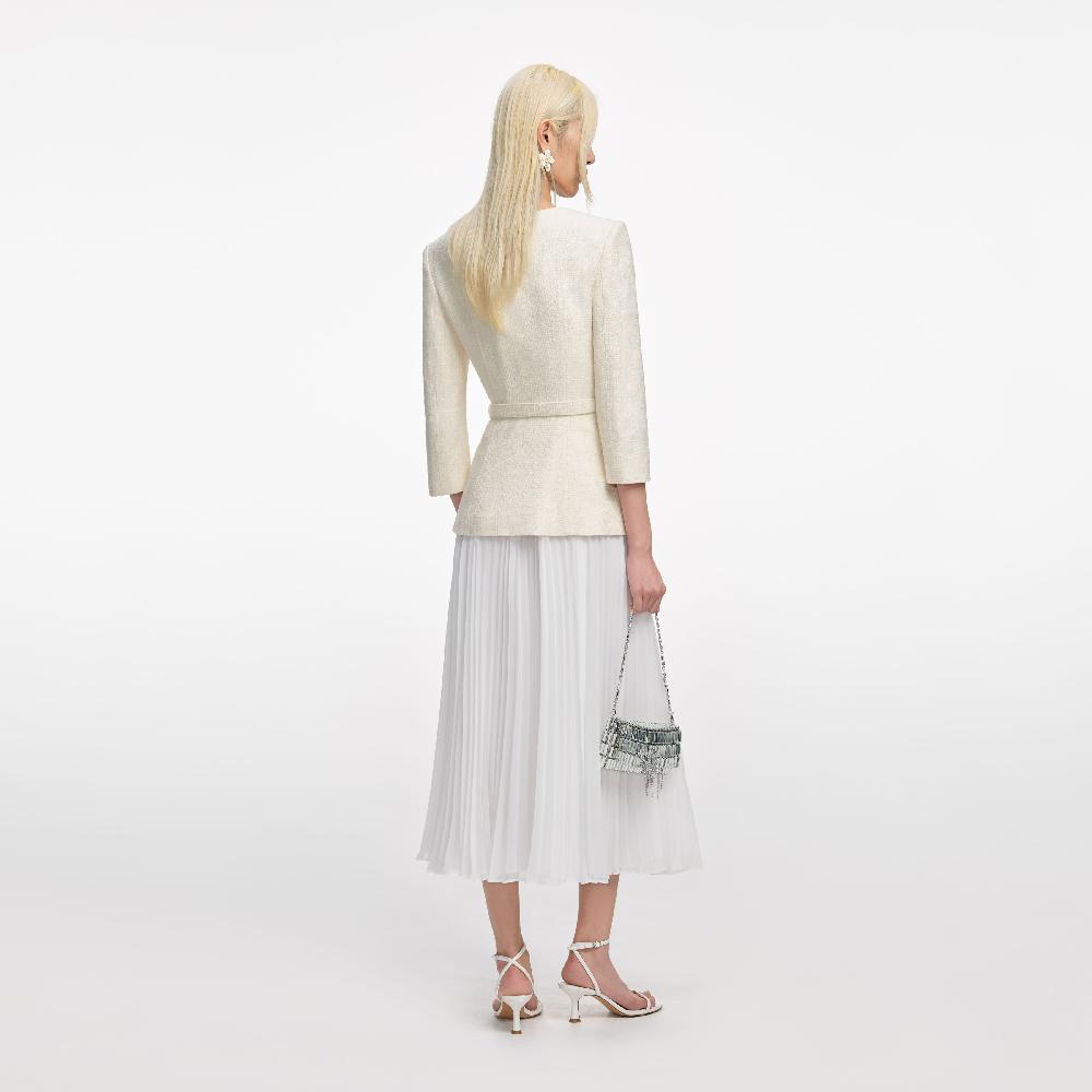 Self Portrait Cream Boucle Long Sleeve Chiffon Midi Dress CLOTHING