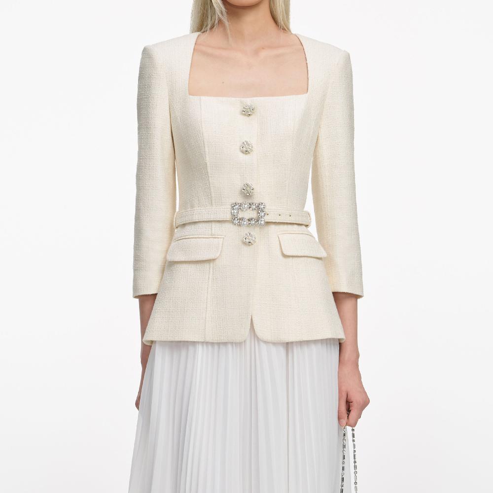 Self Portrait Cream Boucle Long Sleeve Chiffon Midi Dress CLOTHING