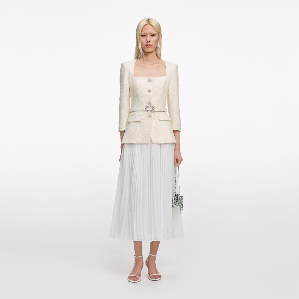 self portrait Cream Boucle Long Sleeve Chiffon Midi Dress CLOTHING