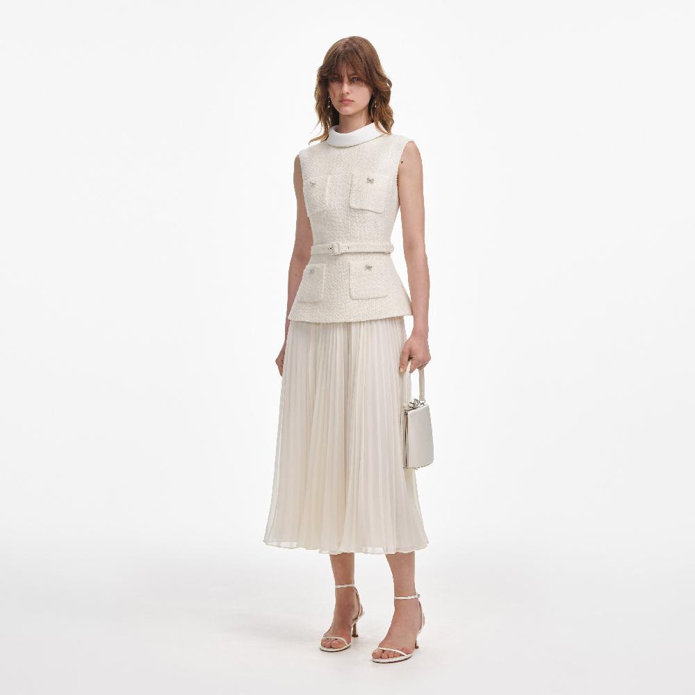 Self Portrait Cream Boucle Sleeveless Midi Dress CLOTHING