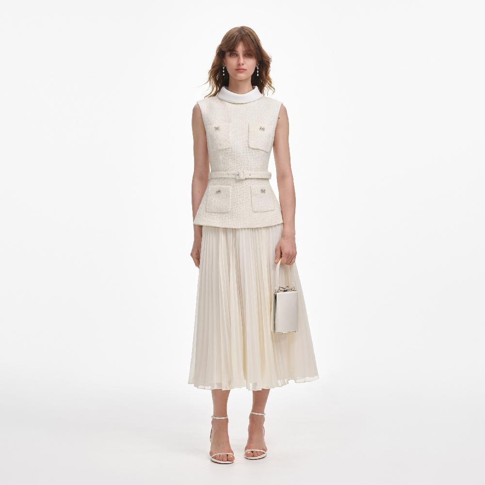 self portrait Cream Boucle Sleeveless Midi Dress CLOTHING