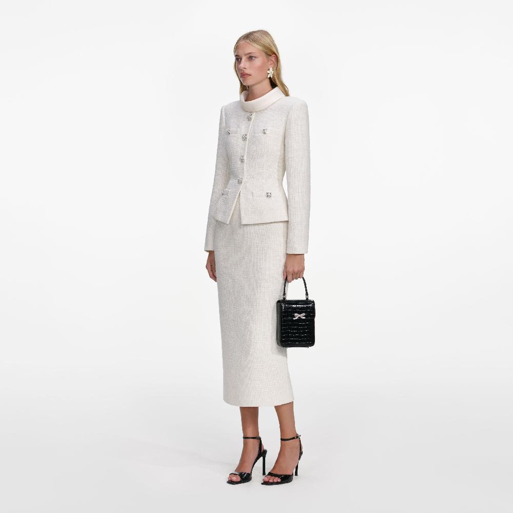 Self Portrait Cream Boucle Tailored Midi Dress CLOTHING