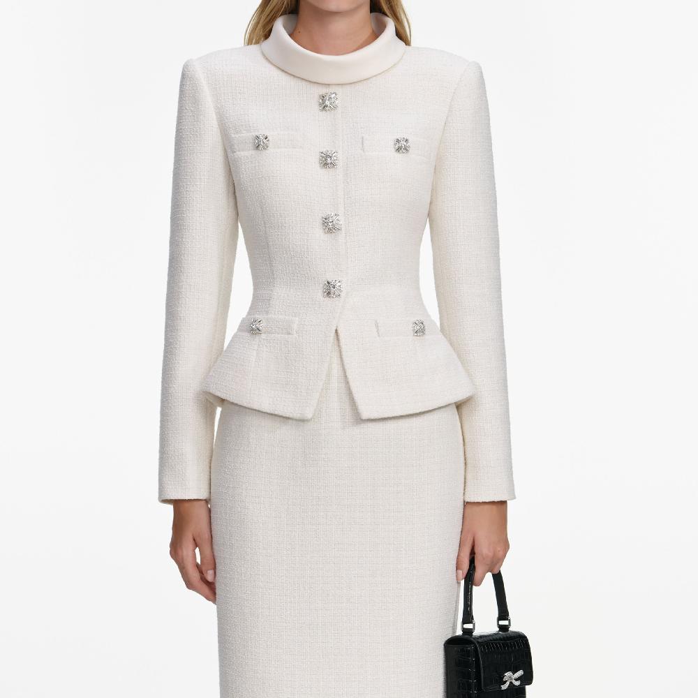 Self Portrait Cream Boucle Tailored Midi Dress CLOTHING