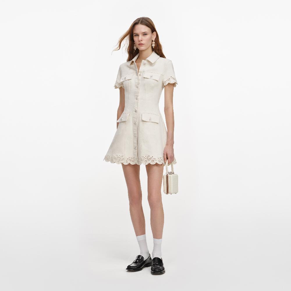 Self Portrait Cream Broderie Denim Mini Dress CLOTHING