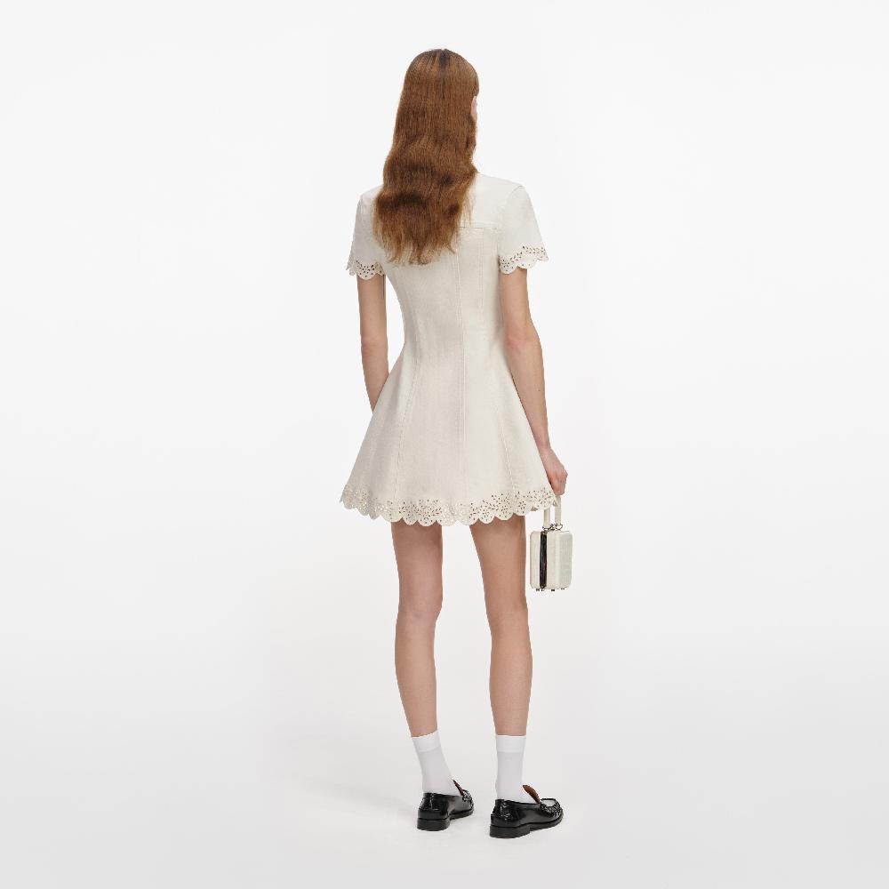 Self Portrait Cream Broderie Denim Mini Dress CLOTHING