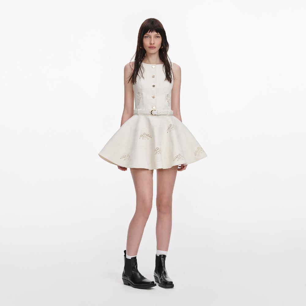 self portrait Cream Broderie Denim Sleeveless Mini Dress CLOTHING