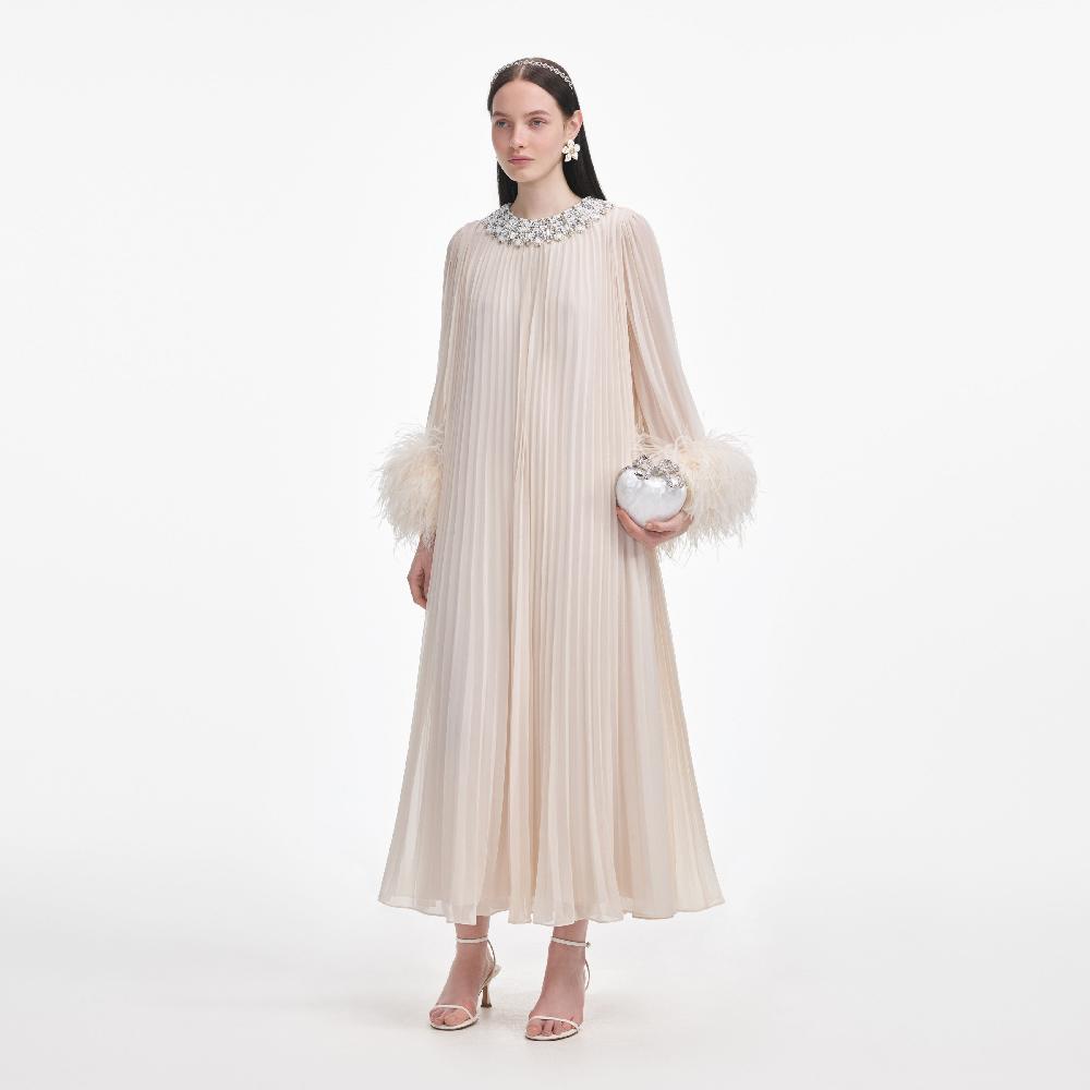 Self Portrait Cream Chiffon Feather Midi Dress CLOTHING