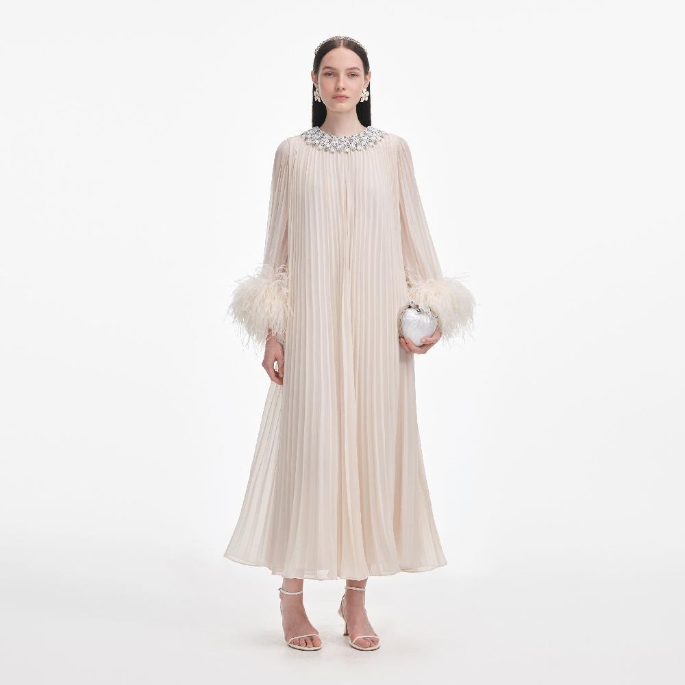 self portrait Cream Chiffon Feather Midi Dress CLOTHING