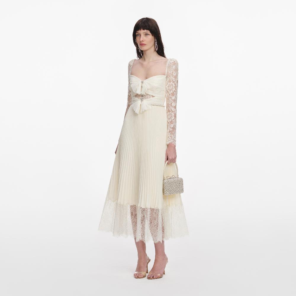 Self Portrait Cream Chiffon Lace Midi Dress CLOTHING