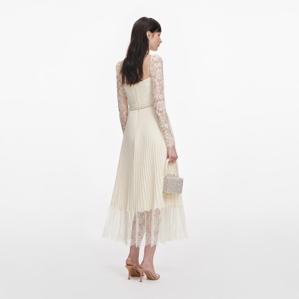 Self Portrait Cream Chiffon Lace Midi Dress CLOTHING