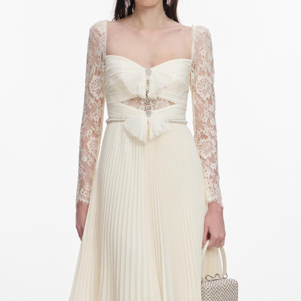 Self Portrait Cream Chiffon Lace Midi Dress CLOTHING