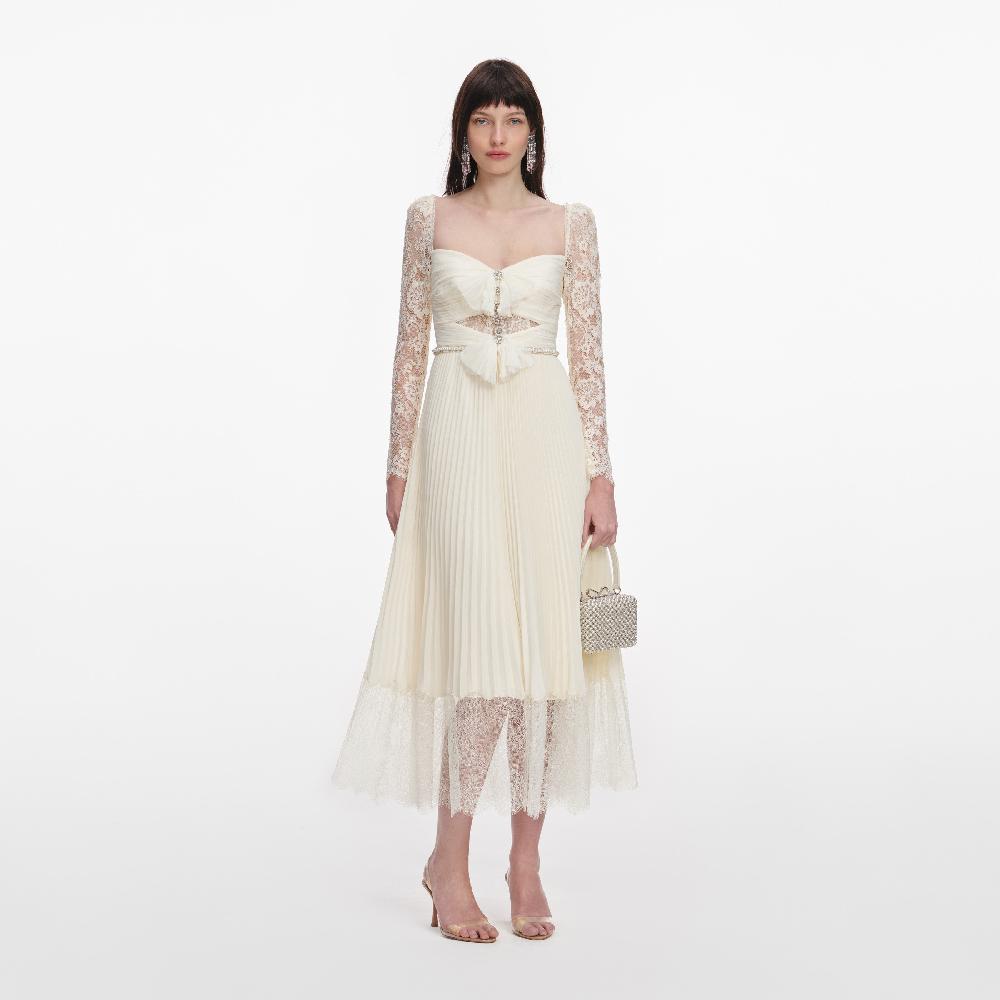 self portrait Cream Chiffon Lace Midi Dress CLOTHING