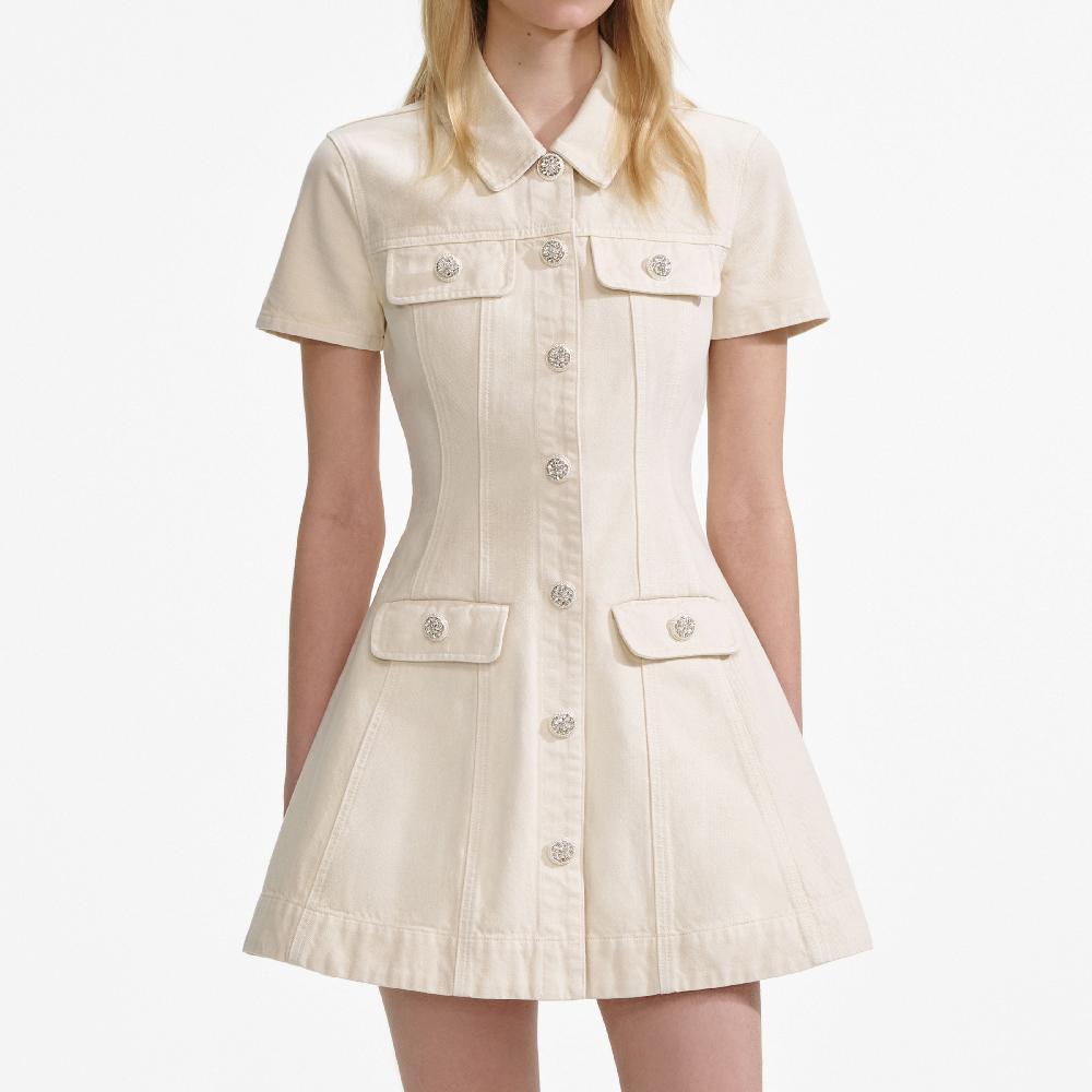 Self Portrait Cream Collared Denim Mini Dress CLOTHING