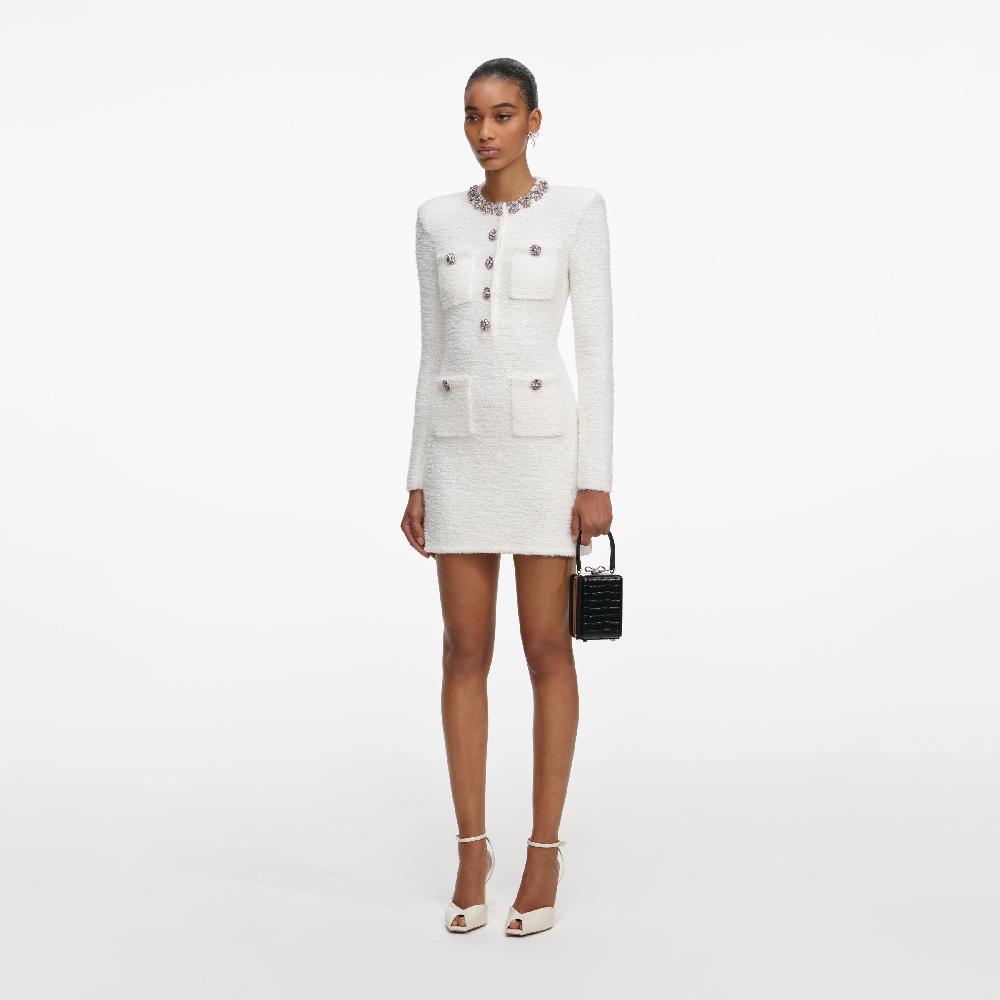Self Portrait Cream Crystal Trim Knit Mini Dress CLOTHING