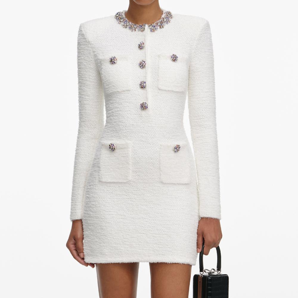 Self Portrait Cream Crystal Trim Knit Mini Dress CLOTHING