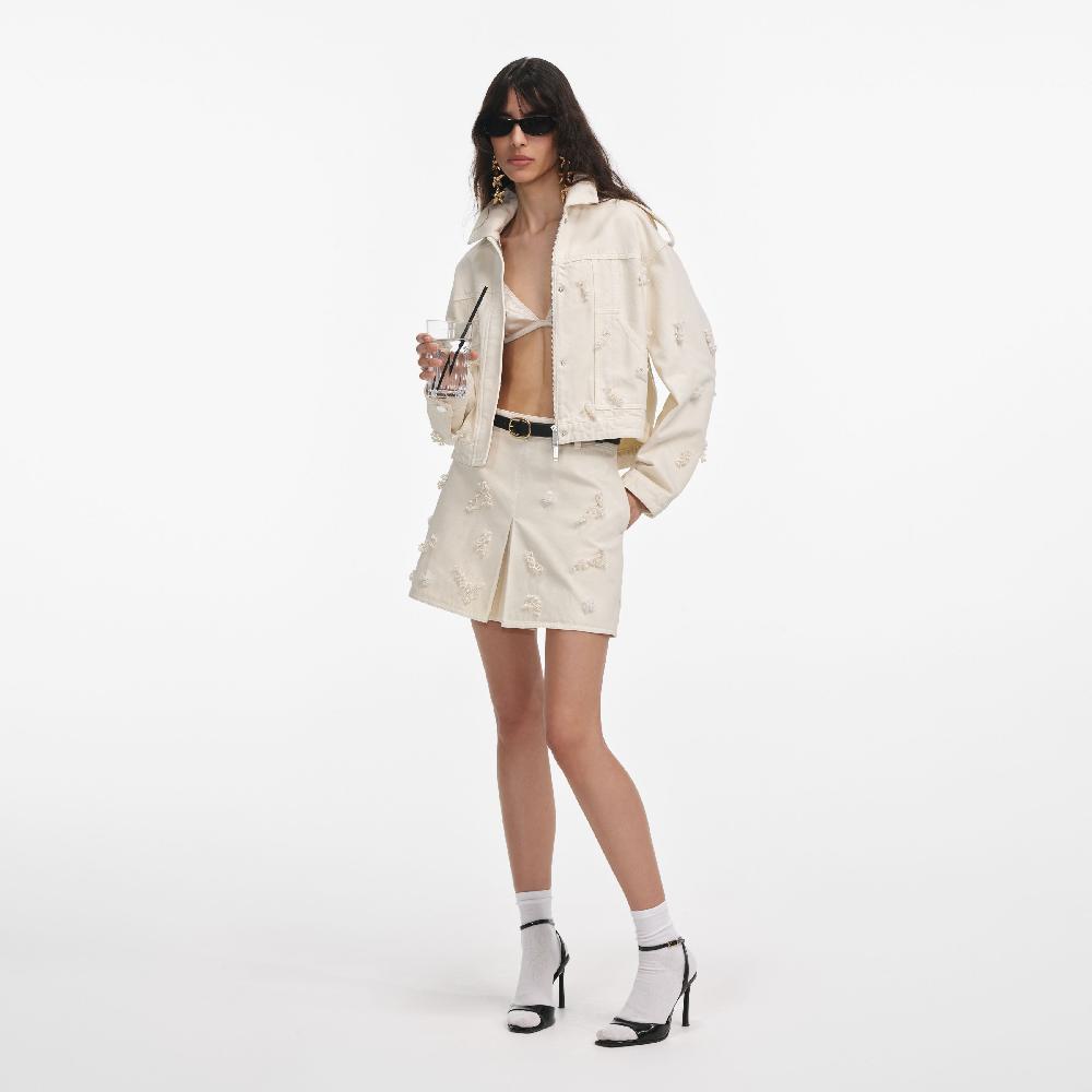 Self Portrait Cream Denim Beaded Floral Jacket CLOTHING