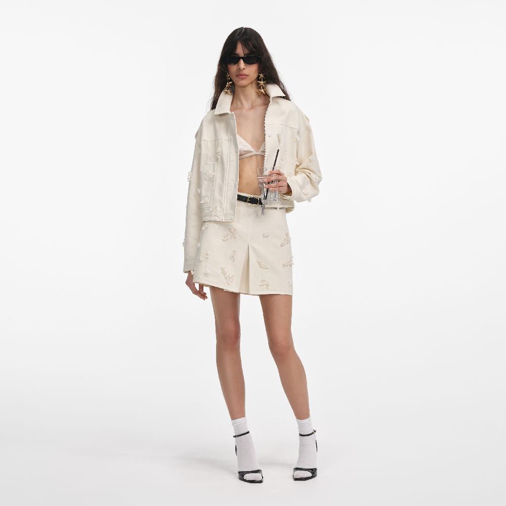 self portrait Cream Denim Beaded Floral Jacket CLOTHING