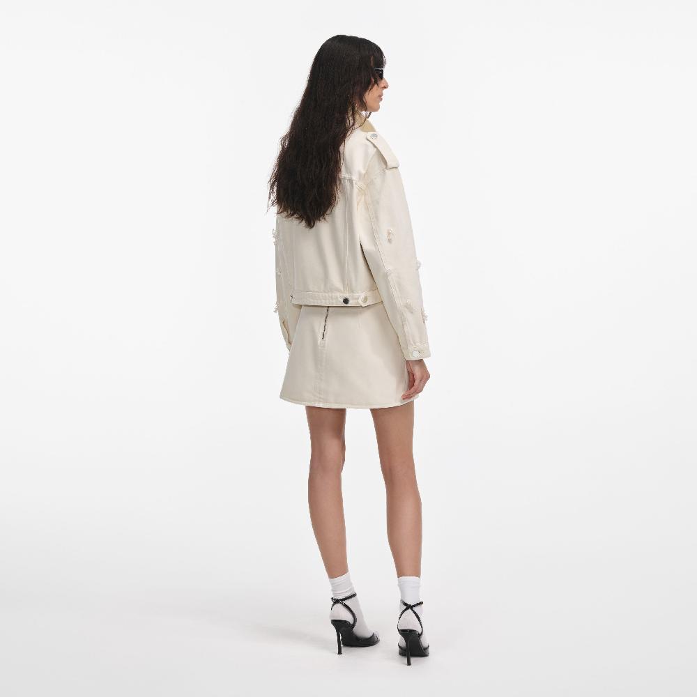 Self Portrait Cream Denim Beaded Floral Mini Skirt CLOTHING
