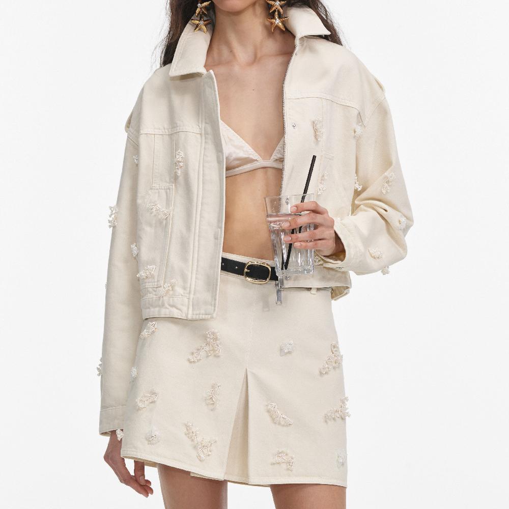 Self Portrait Cream Denim Beaded Floral Mini Skirt CLOTHING