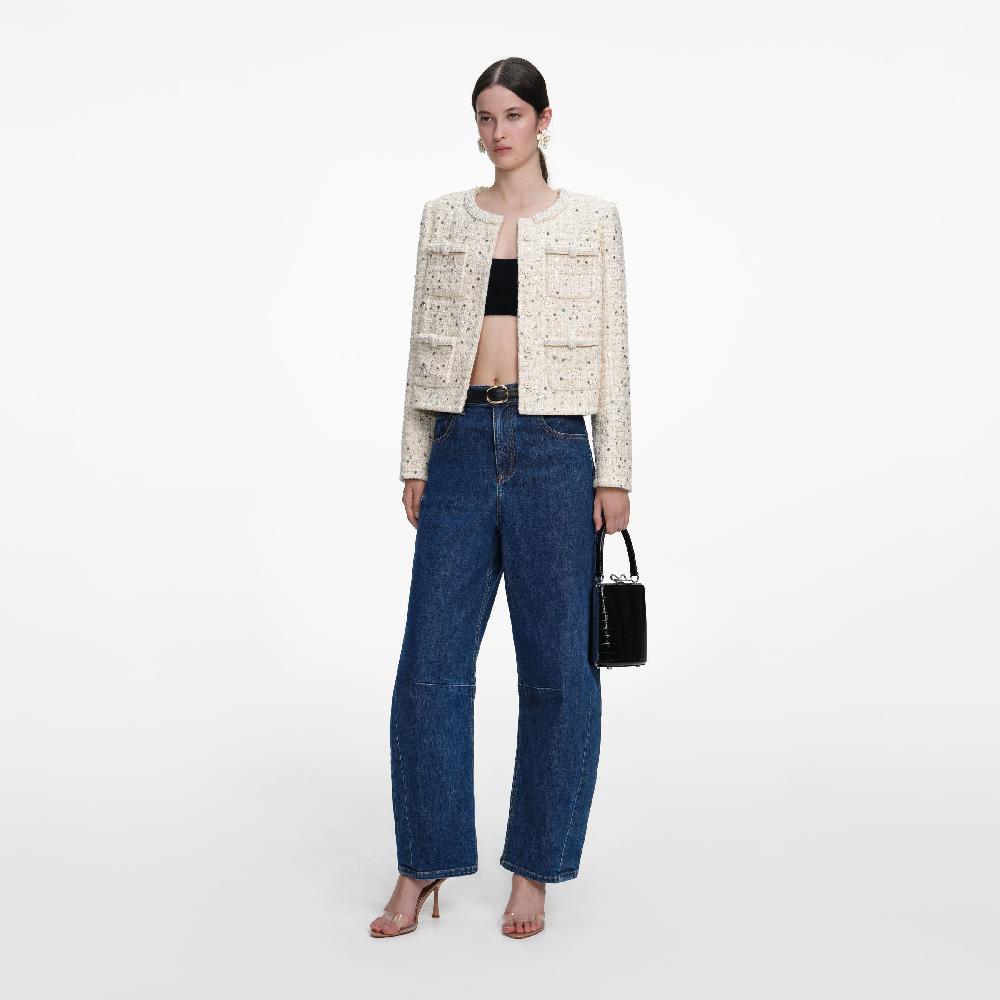 Self Portrait Cream Embellished Boucle Jacket CLOTHING