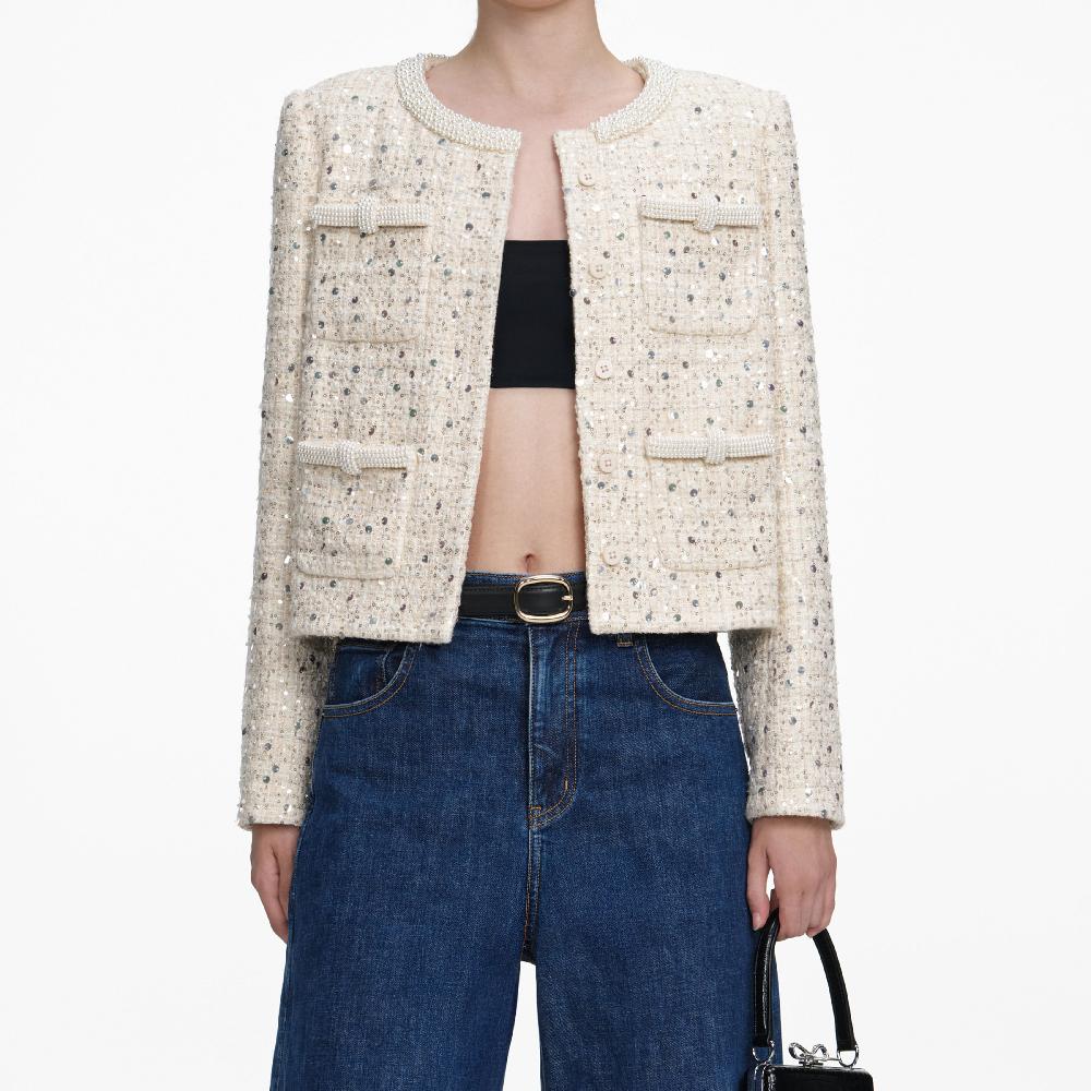 Self Portrait Cream Embellished Boucle Jacket CLOTHING