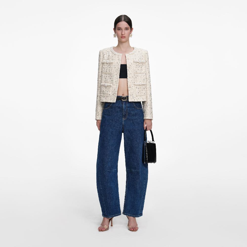 self portrait Cream Embellished Boucle Jacket CLOTHING