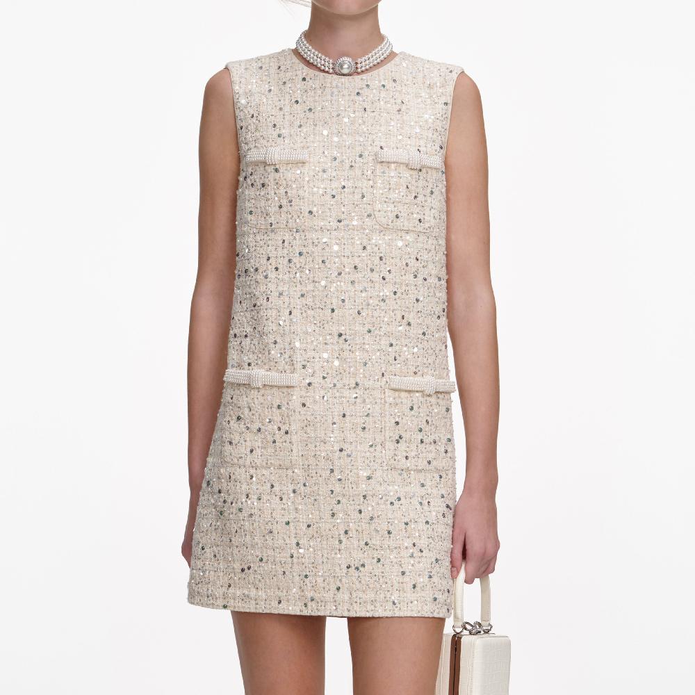 Self Portrait Cream Embellished Boucle Mini Dress CLOTHING