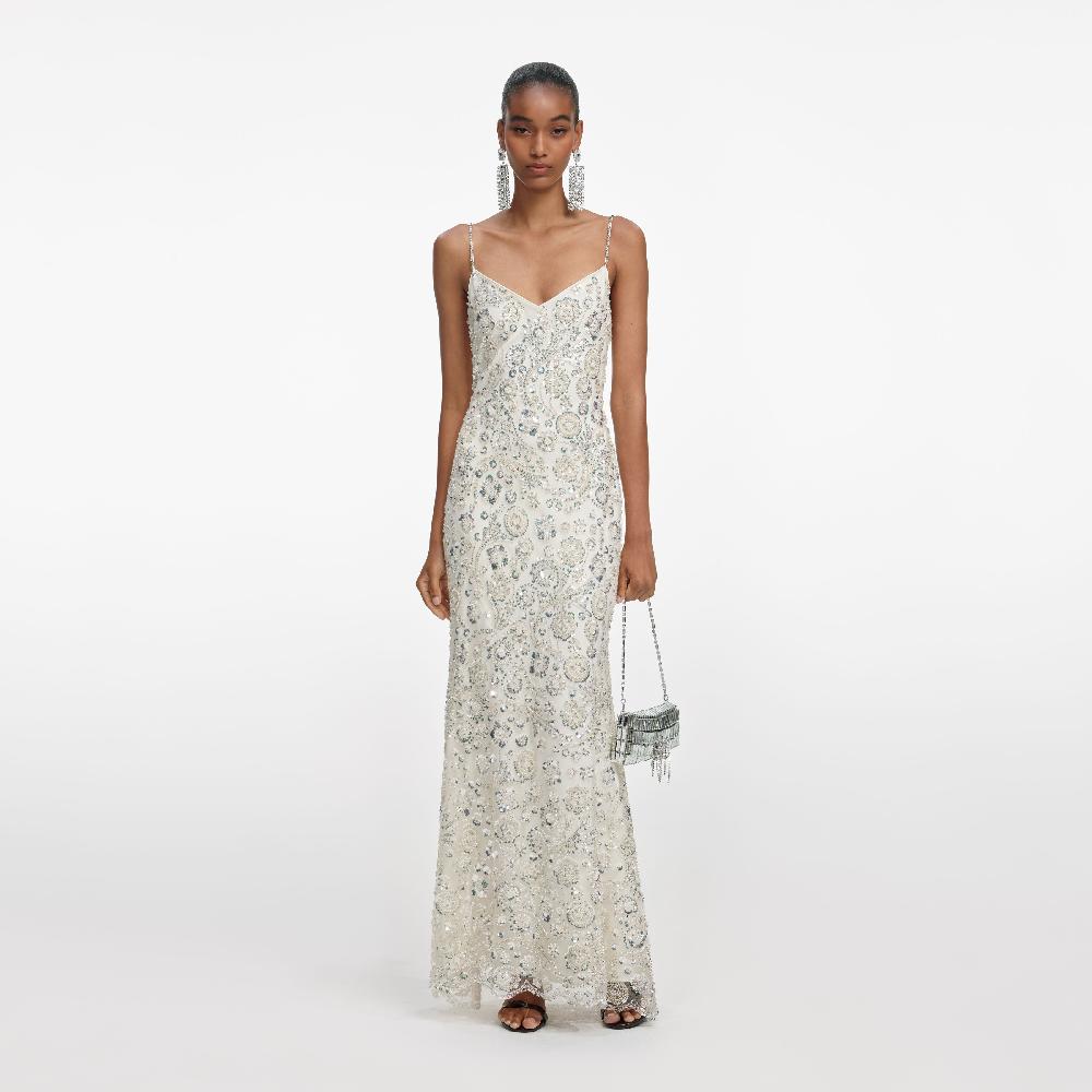 self portrait Cream Floral Sequin Maxi Dress CLOTHING