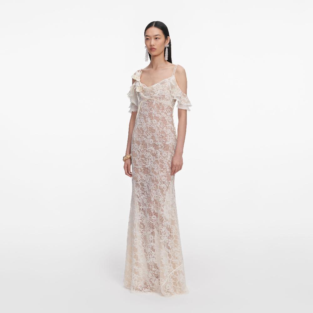 Self Portrait Cream Lace Flower Maxi Dress CLOTHING