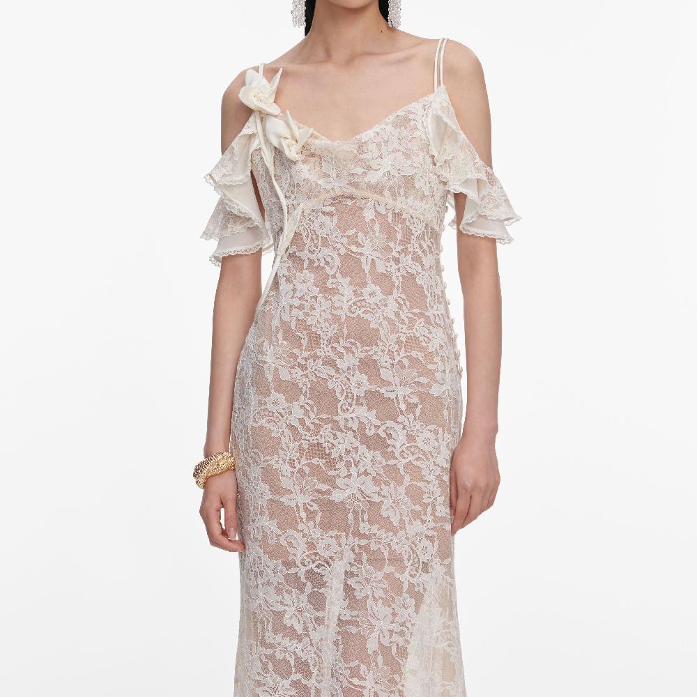Self Portrait Cream Lace Flower Maxi Dress CLOTHING