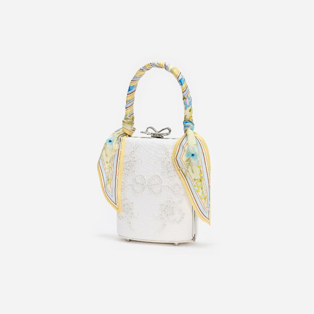 Self Portrait Cream Linen Yellow Floral Mini Bow Bag BAGS