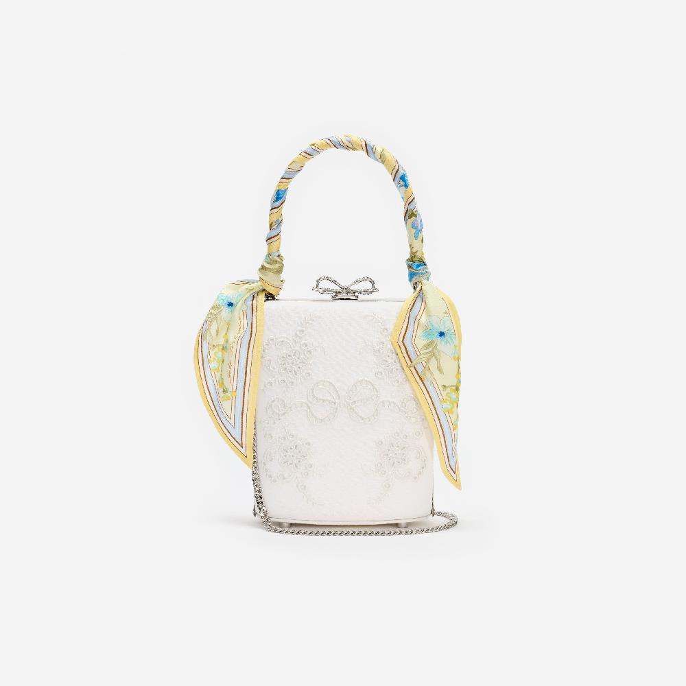 Self Portrait Cream Linen Yellow Floral Mini Bow Bag BAGS