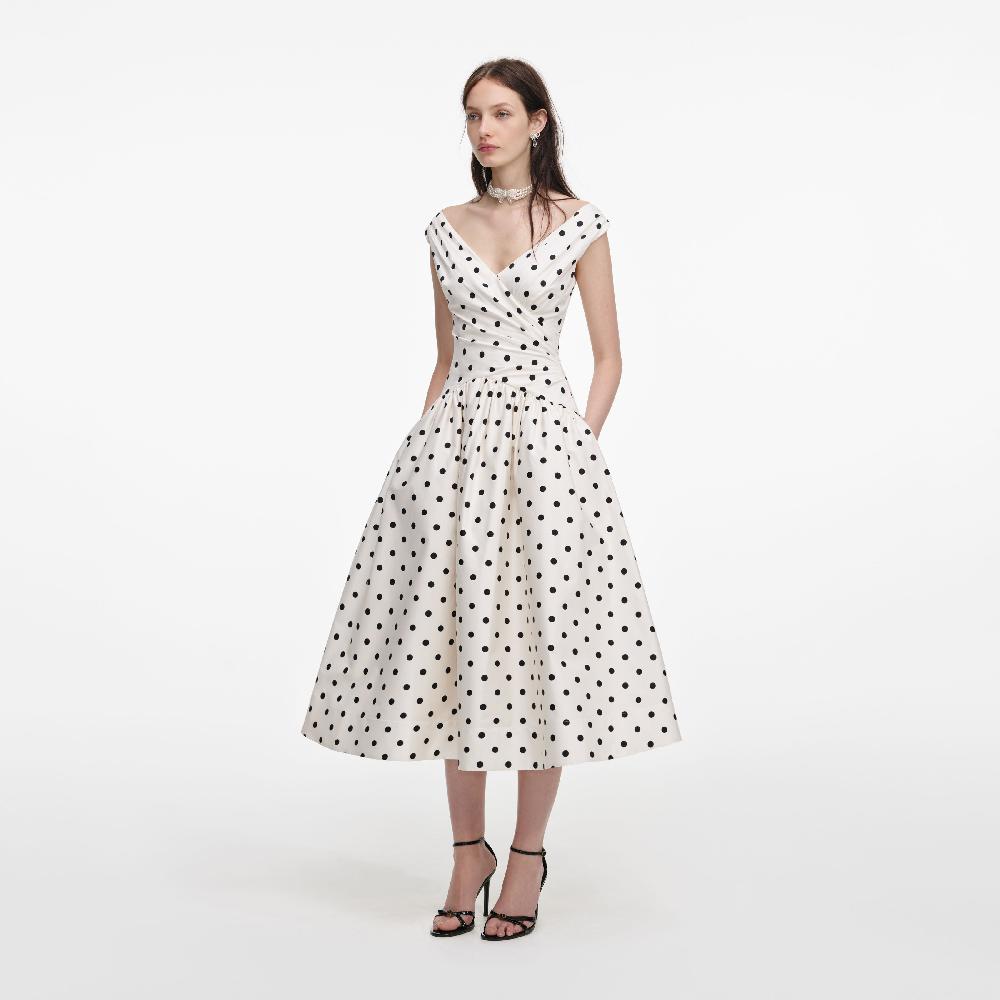Self Portrait Cream Polka Dot Cotton Midi Dress CLOTHING