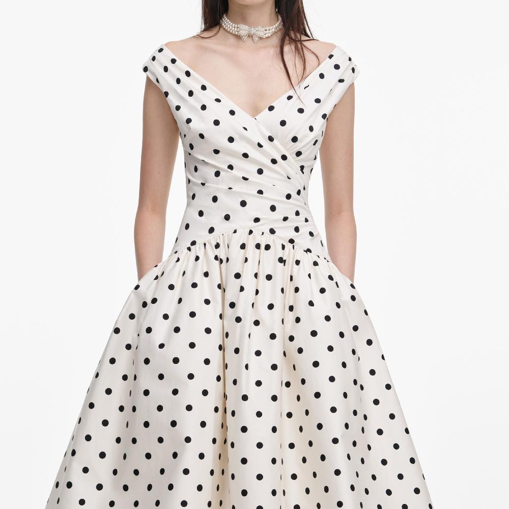Self Portrait Cream Polka Dot Cotton Midi Dress CLOTHING