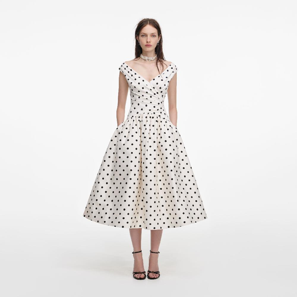 self portrait Cream Polka Dot Cotton Midi Dress CLOTHING