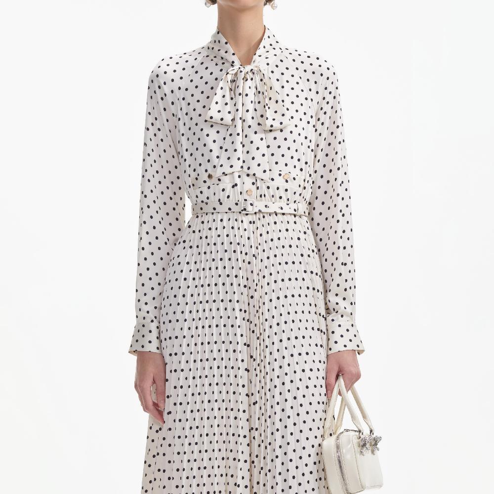Self Portrait Cream Polka Dot Satin Midi Dress CLOTHING