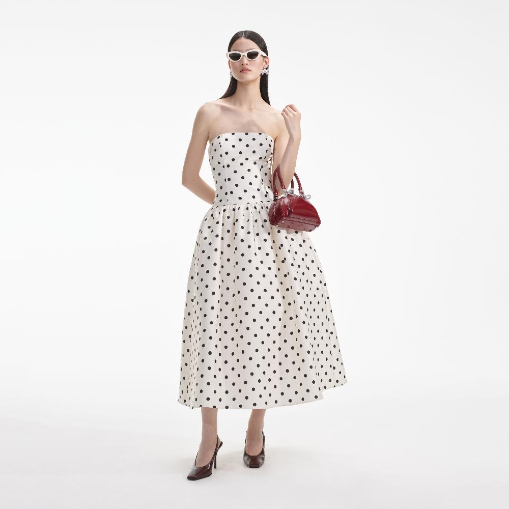 self portrait Cream Polka Dot Taffeta Midi Dress CLOTHING