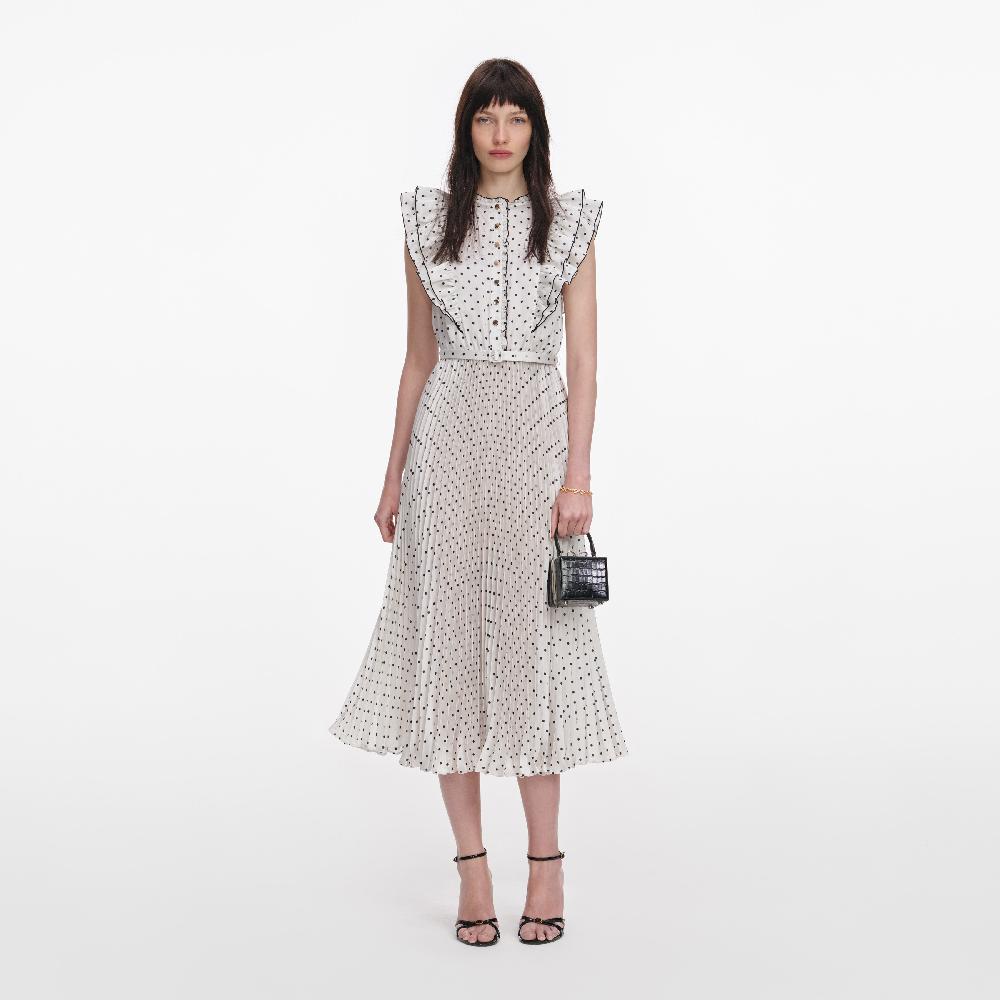 self portrait Cream Ramie Polka Dot Midi Dress CLOTHING