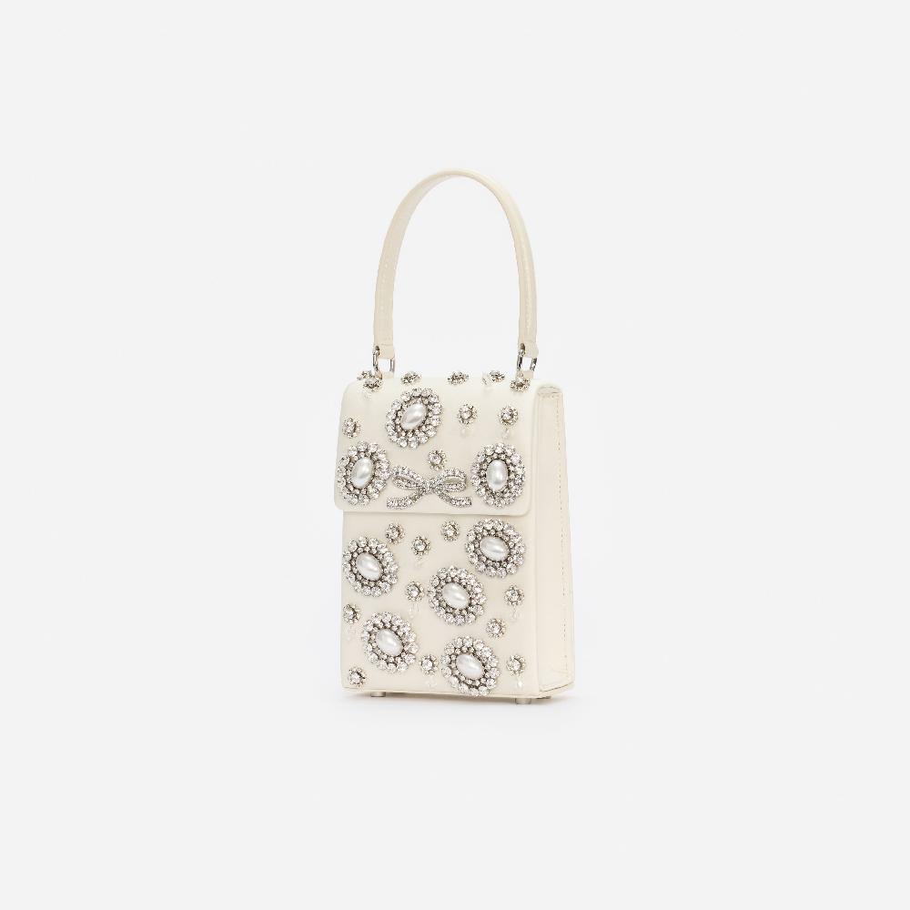 Self Portrait Cream Satin Crystal Mini Bow Bag BAGS