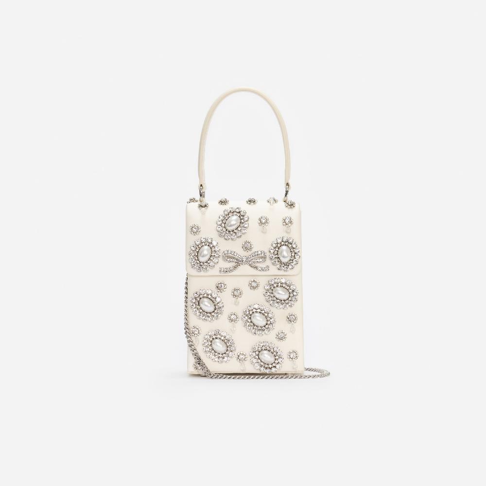 Self Portrait Cream Satin Crystal Mini Bow Bag BAGS