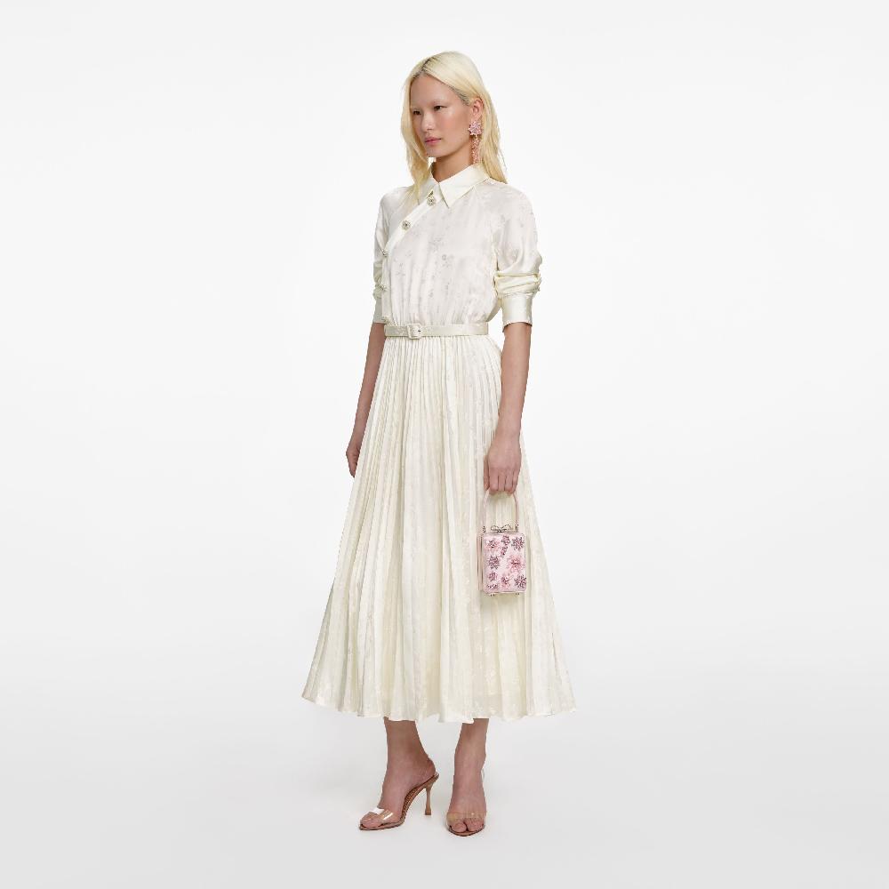 Self Portrait Cream Satin Jacquard Midi Dress CLOTHING